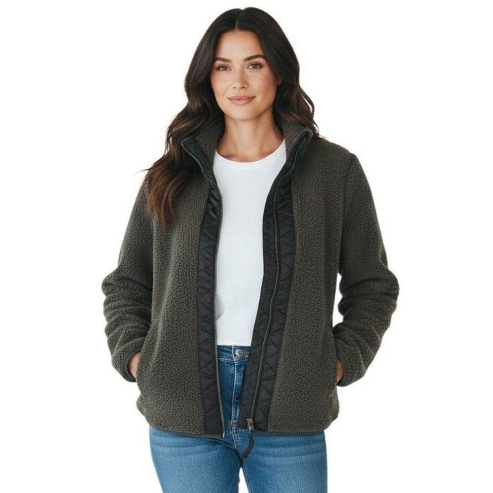 Abercrombie & Fitch Sherpa Fleece Jacket Small Olive Green Full Zip Quilted Trim